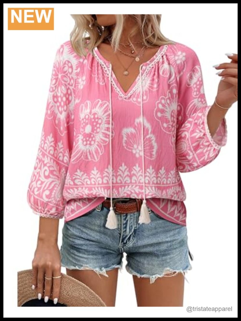Boho Floral V-Neck 3/4 Sleeve Blouse Tie Front Flowy Peasant Top